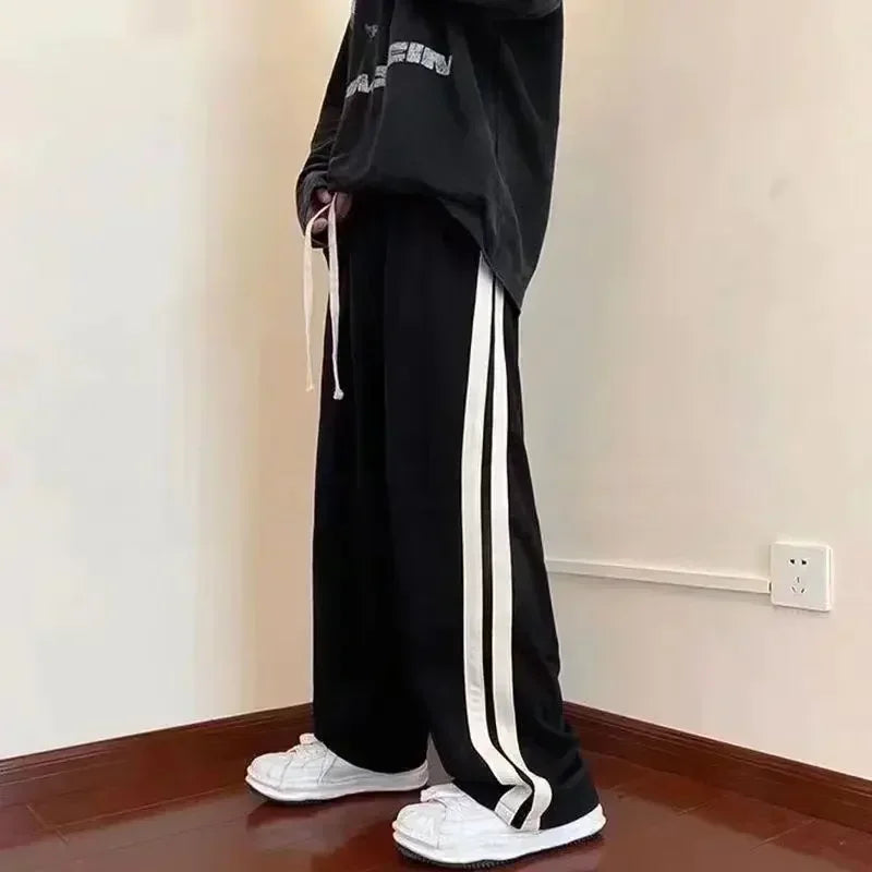 2025 Korean Fashion Wide Leg Pant Women Loose Casual Striped High Waist Woman Hiphop Elastic Waists Pocket Straight Pants