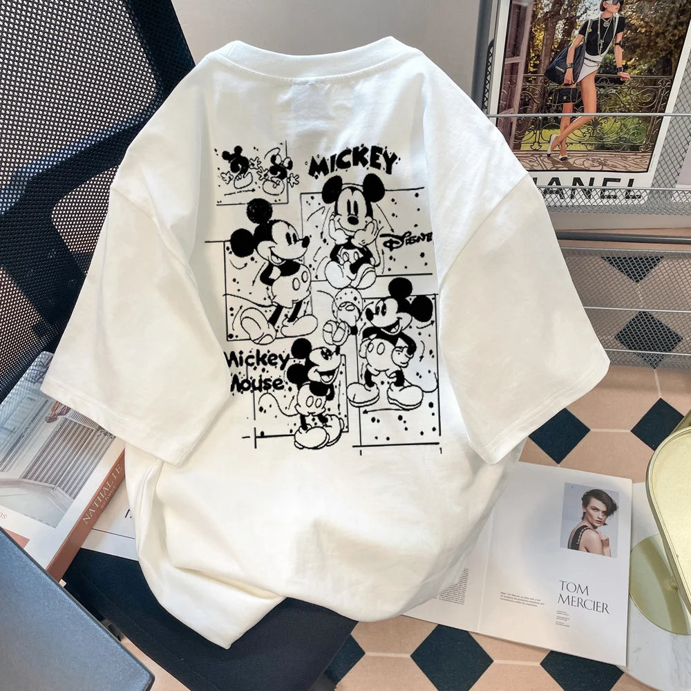 تيشيرت ديزني ميكي ماوس الجديد لعام 2025، بأكمام قصيرة، مصنوع من القطن الخالص، فضفاض ومريح، مناسب للرجال والنساء، قطعة علوية عصرية متعددة الاستخدامات لفصل الصيف