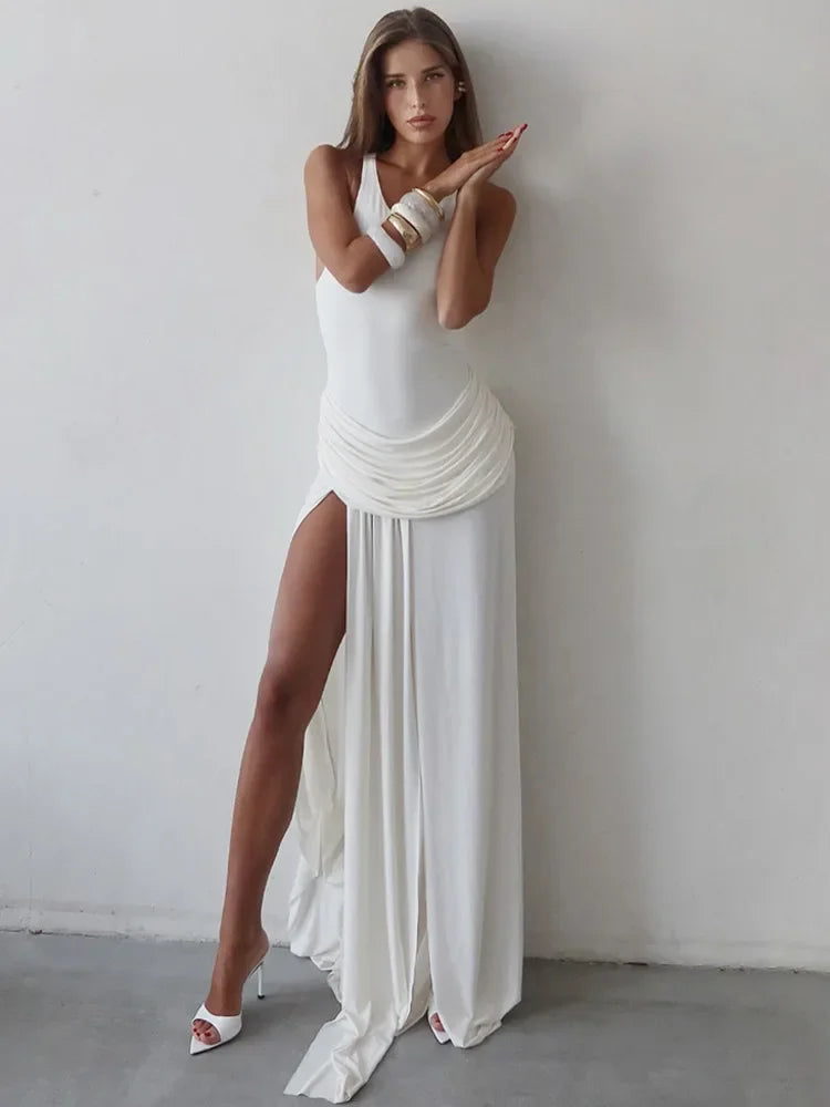 Elegant Split Pleated O Neck Maxi Dress Women Sleeveless Irregular High Waist Fashion Sexy Floor-Length Long Dress