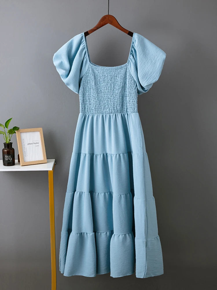 Elegant Solid Long Dresses Summer New Sexy Backless Slash Neck Elastic Dress Women High Waist Puff Sleeve Maxi Dress Elegant