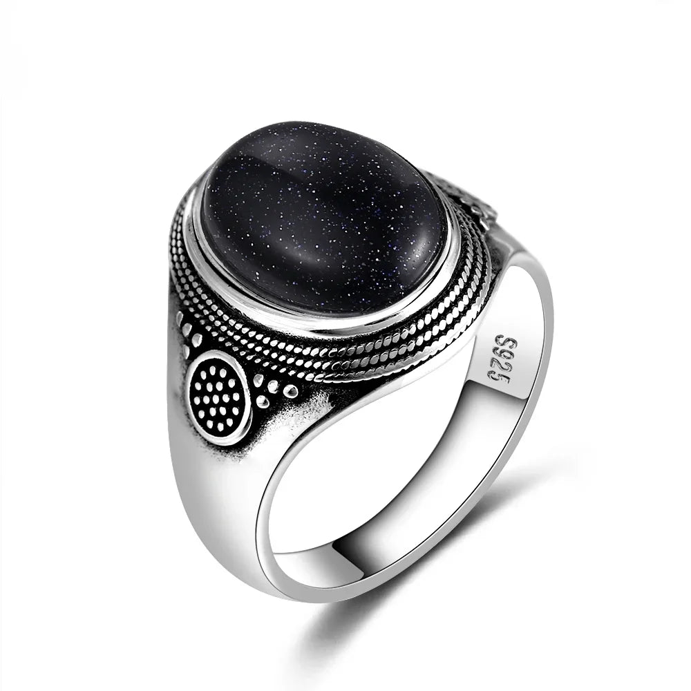 Vintage S925 Sterling Silver Natural labradorite Moonstone Ring 10x14MM Large Turquoise Lapis Retro Ring For Women Men