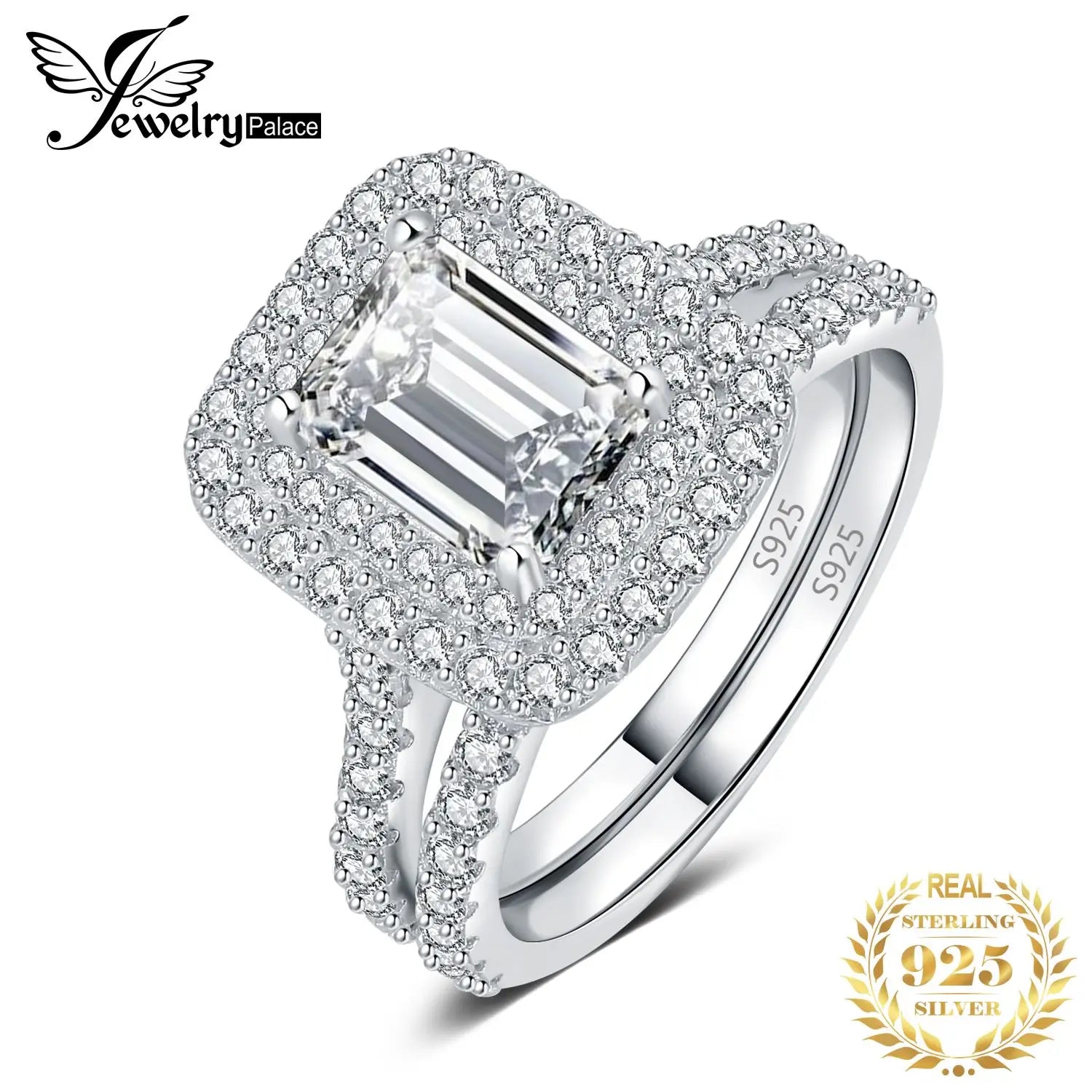 طقم خاتم خطوبة هالو من الفضة الإسترلينية عيار 925 من JewelryPalace للنساء، مرصع بحجر الزركونيا المكعب عيار 2.9 قيراط، بتصميم زمرد AAAAA، مجوهرات عصرية
