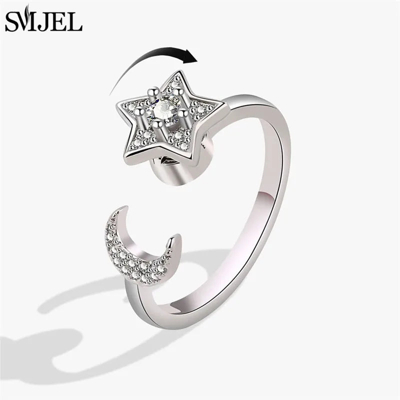 خاتم فاخر مضاد للقلق والاسترخاء للنساء، مرصع بالكريستال على شكل زهرة ونجمة وقمر، مصنوع من المعدن والنحاس، مع حلقة دوارة لتخفيف التوتر، هدية مجوهرات
