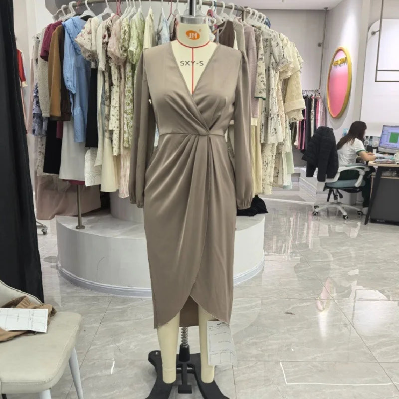 Elegant Women's Maxi Dress Cross V-neck Folded Pleated Slit Puff Sleeves Irregular Long Sleeves Dresses