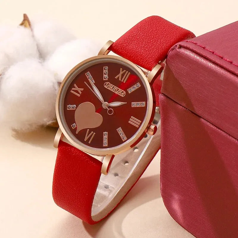 طقم 6 قطع من ساعات كوارتز نسائية أنيقة، مينا على شكل قلب، ساعات كلاسيكية بسيطة للنساء، هدية مثالية.