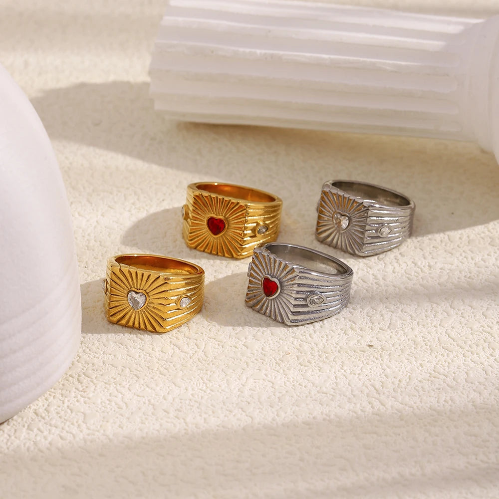 خاتم ماما سيتا سلاي عريض من الفولاذ المقاوم للصدأ 316L مرصع بالزركون على شكل قلب، مقاوم للماء، هدية مثالية للذكرى السنوية للنساء، مطلي بالذهب عيار 18 قيراطًا