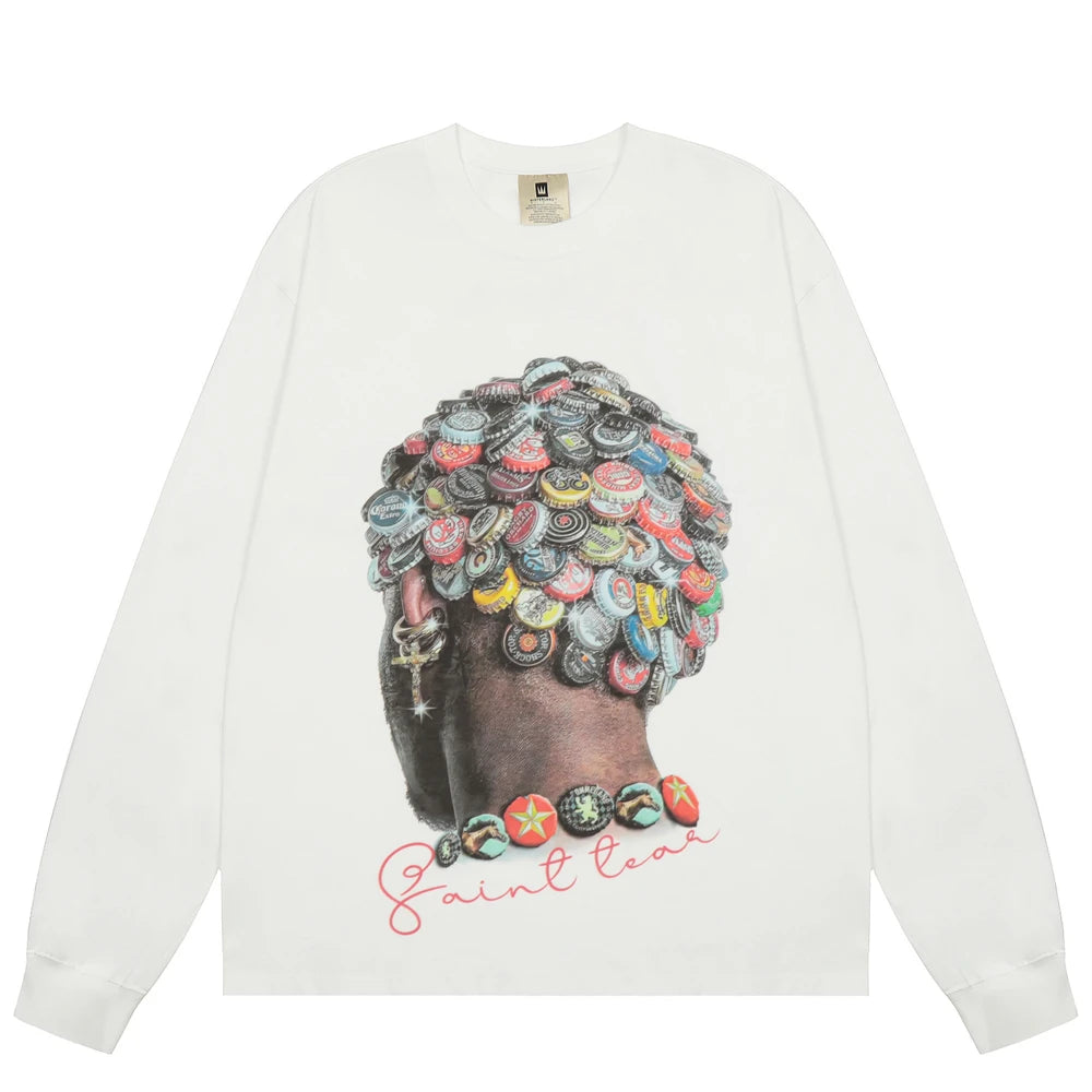 تي شيرت KUCLUT SAINT OF MICHAEL عصري مطبوع عليه رسومات غطاء زجاجة من KUCLUT SAINT OF MICHAEL بأكمام طويلة فضفاضة من القطن بنسبة 100% للرجال والنساء