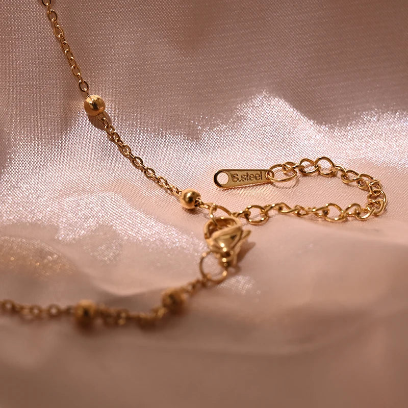 Y2K Beads Heart Choker Fashion Gold Color Stainless Steel Chain Tarnish Free Necklace for Women Summer Jewelry