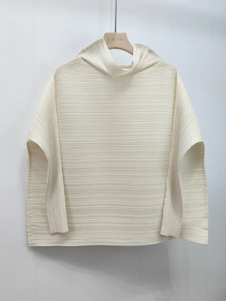 تيشيرت نسائي كاجوال بأكمام طويلة وقصة واسعة من الأسفل مع ياقة وشاح، بلوزة فضفاضة أنيقة من مياكي، صيف 2025، لون عنابي مطوي