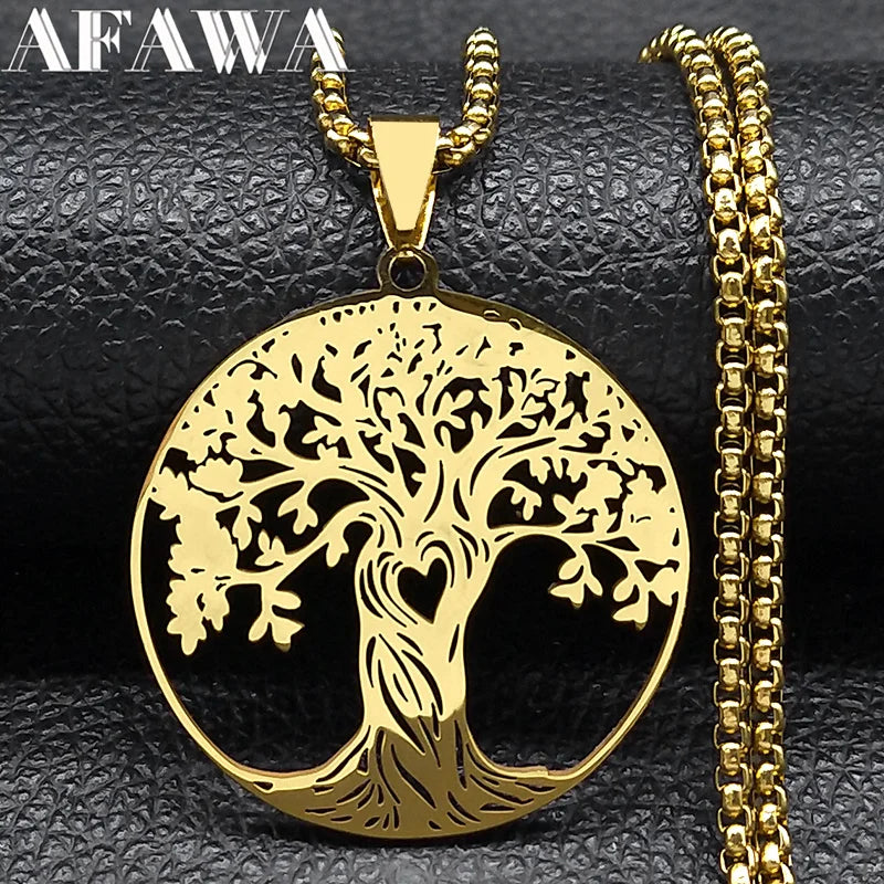Aesthetic Tree of Life Love Heart Necklace for Women Men Stainless Steel Gold Color Lucky Amulet Chain Jewelry collar NZZZ529S02