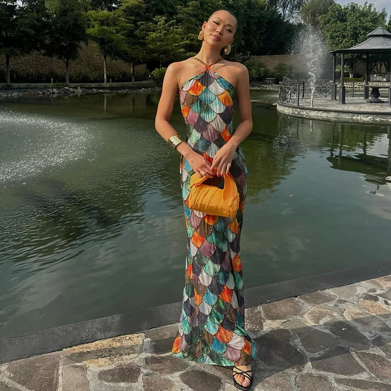 2025 Spring Summer Women Sexy Long Halter Dress Sleeveless Backless Hip Package Print Party Dresses Lady Shiny Robes New