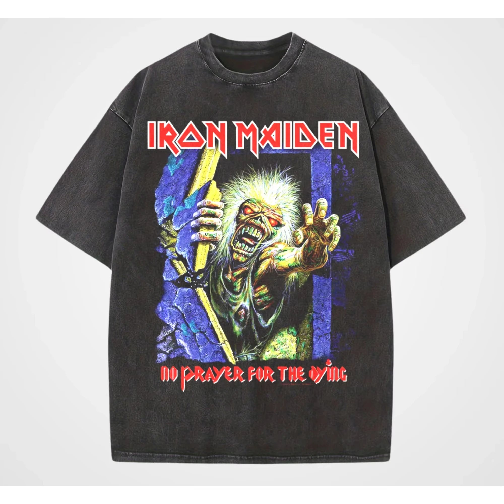 تي شيرت رجالي ونسائي عتيق من LRON Maiden Iron Lady Rock Washed بتصميم هيب هوب أمريكي عتيق بأكمام قصيرة ونصف عصرية