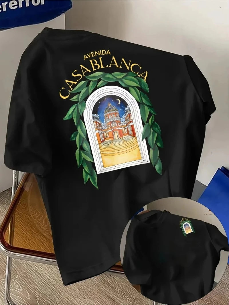 تيشيرت رجالي مطبوع على الوجهين، تيشيرت بوليستر مريح يسمح بمرور الهواء، مزين برسومات وتصاميم فنية مستوحاة من أفينيدا، قطعة علوية صيفية أنيقة، ناعم