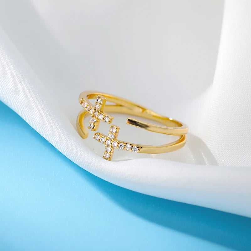 Zircon Double Cross Rings For Woman Stainless Steel Gold Color Shiny Opening Ring New Luxury Fashion Wedding Jewelry Gift Bague