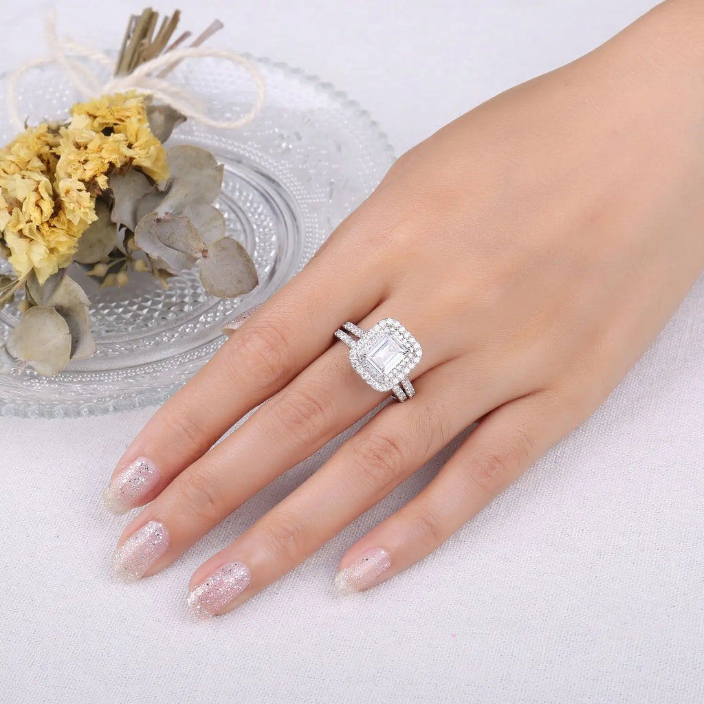 طقم خاتم خطوبة هالو من الفضة الإسترلينية عيار 925 من JewelryPalace للنساء، مرصع بحجر الزركونيا المكعب عيار 2.9 قيراط، بتصميم زمرد AAAAA، مجوهرات عصرية