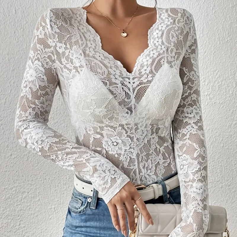 Women Sexy Base Layer Shirt Solid Black Sheer Lace Top Slim Flower Scallop Trim V Neck Long Sleeve T-shirt Trendy Tight Lace Top