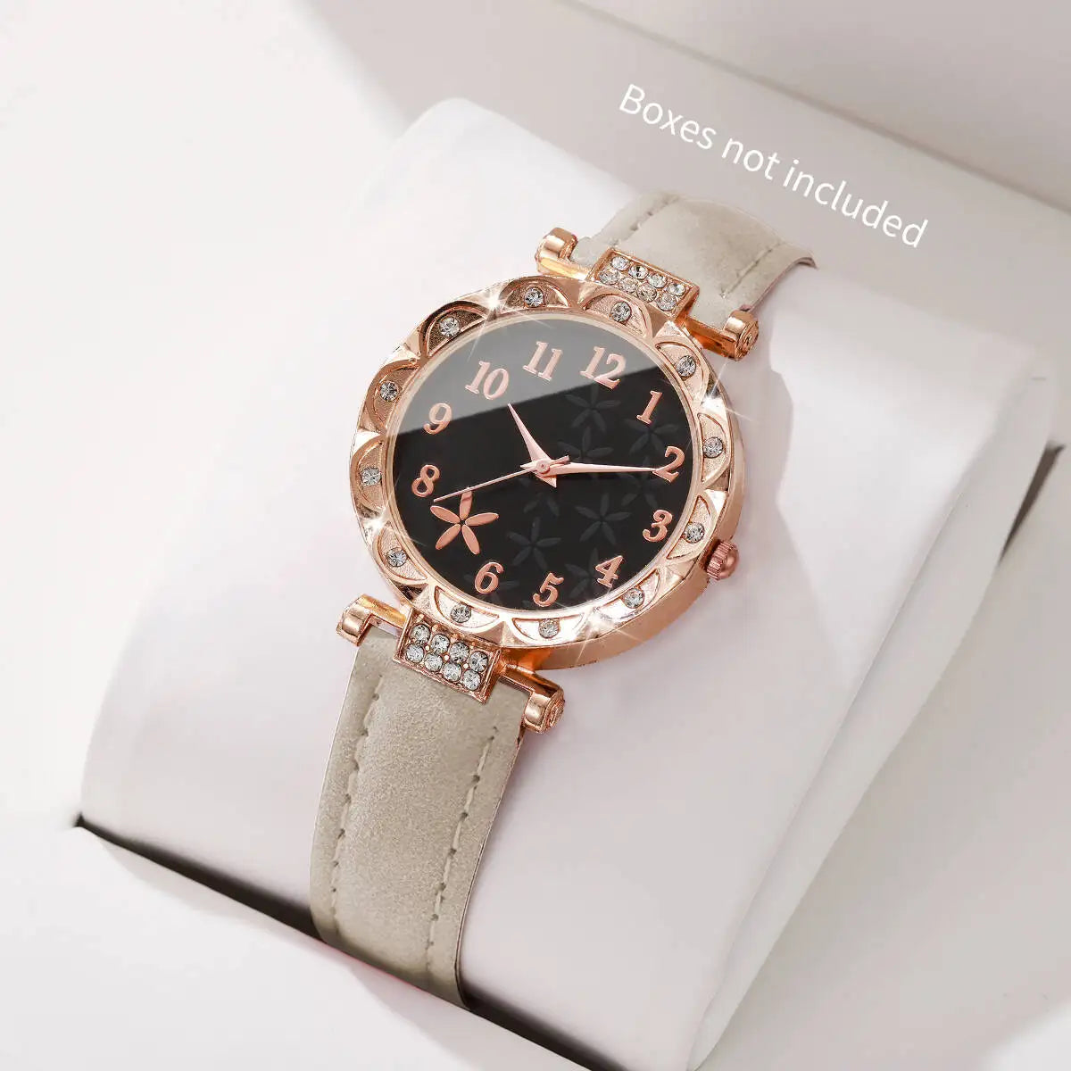 ساعة يد كوارتز أنيقة للنساء، مزينة بمينا مزهر وسوار جلدي، ساعة يد كوارتز نسائية (بدون علبة)