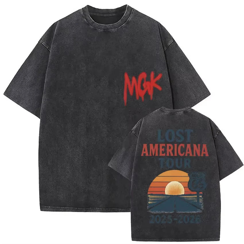 تي شيرت رجالي ونسائي صيفي بأكمام قصيرة من القطن بتصميم عتيق من مجموعة MGK Lost Americana Tour 2025-2026، هدية للمعجبين