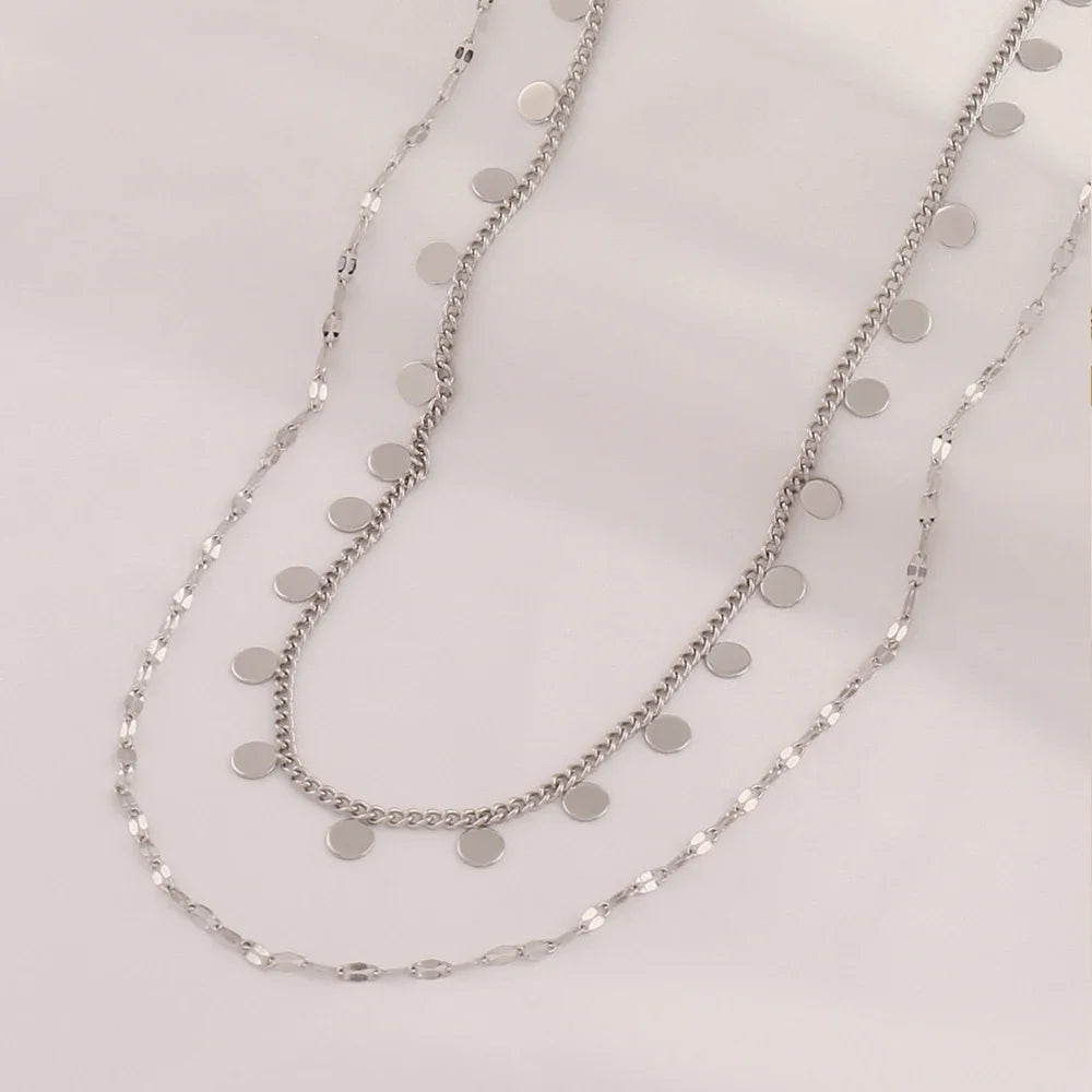 316L Stainless Steel Double Layered Round Coin Pendant Necklace For Women Fashion Simple Lip Chain Necklaces Female Jewelry Gift