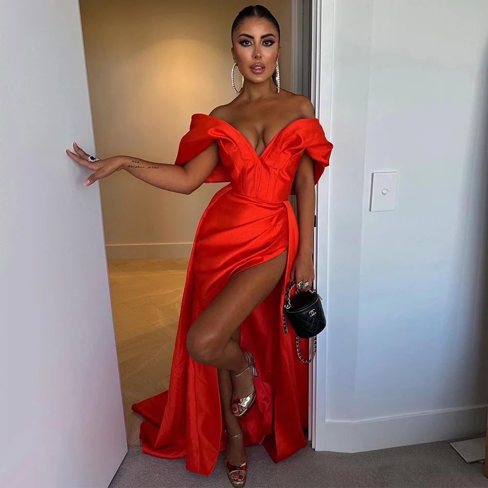 Sexy Evening Dresses for Women Off the Shoulder High Slit Mermaid  Gowns Long V Neck Orange Red Trumpet Prom Dress 2023