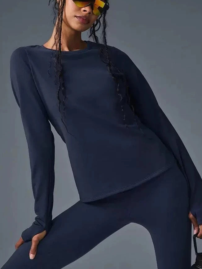 تي شيرت نسائي مرن برقبة دائرية من الأسفل لممارسة اليوجا واللياقة البدنية والجري بأكمام طويلة باللون الأسود والأزرق الداكن لخريف قمصان نسائية أنيقة