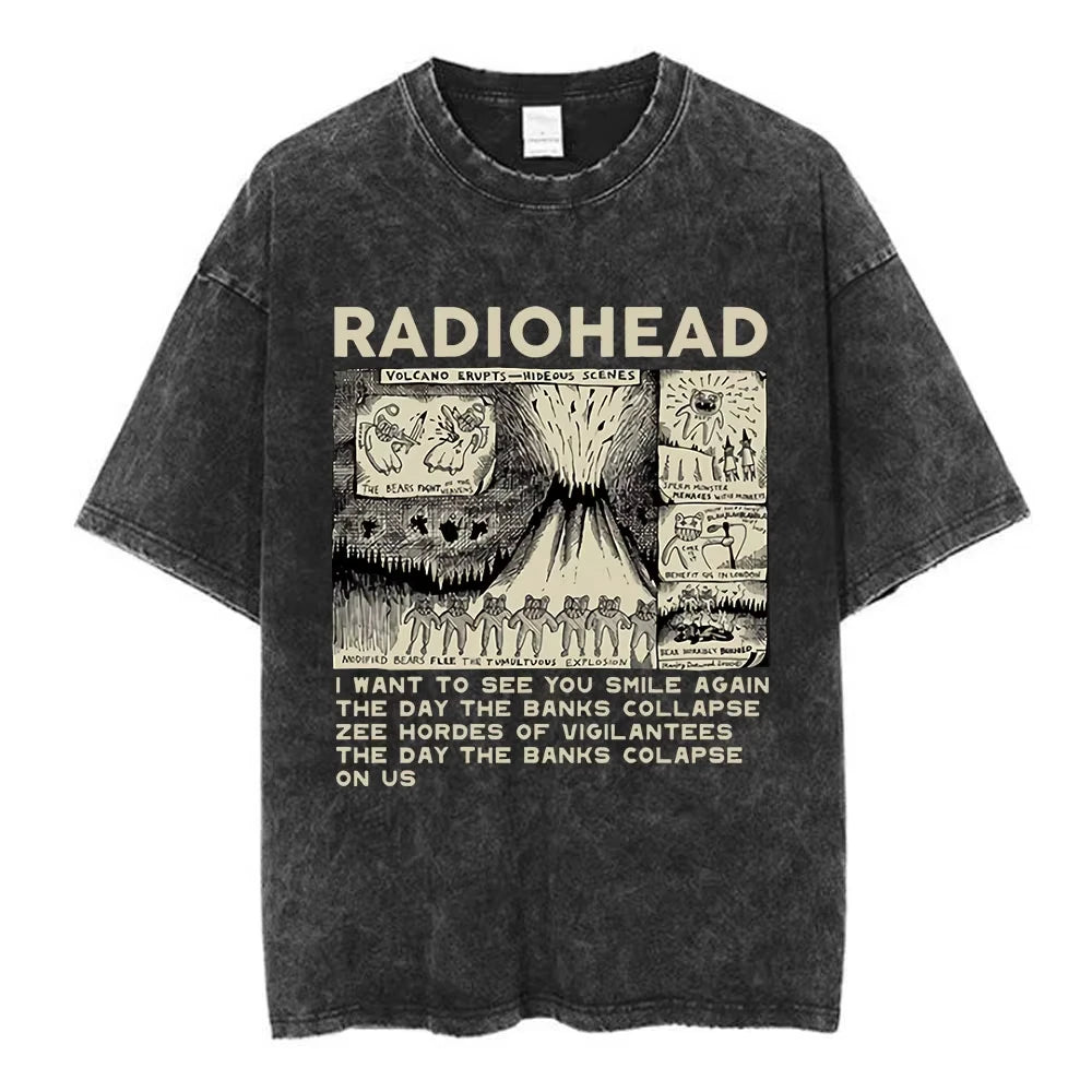 تي شيرت Radiohead Rock Band OK Computer Vintage Washed للرجال والنساء تي شيرتات هيب هوب عصرية 100% قطن تي شيرتات كاجوال ملابس الشارع