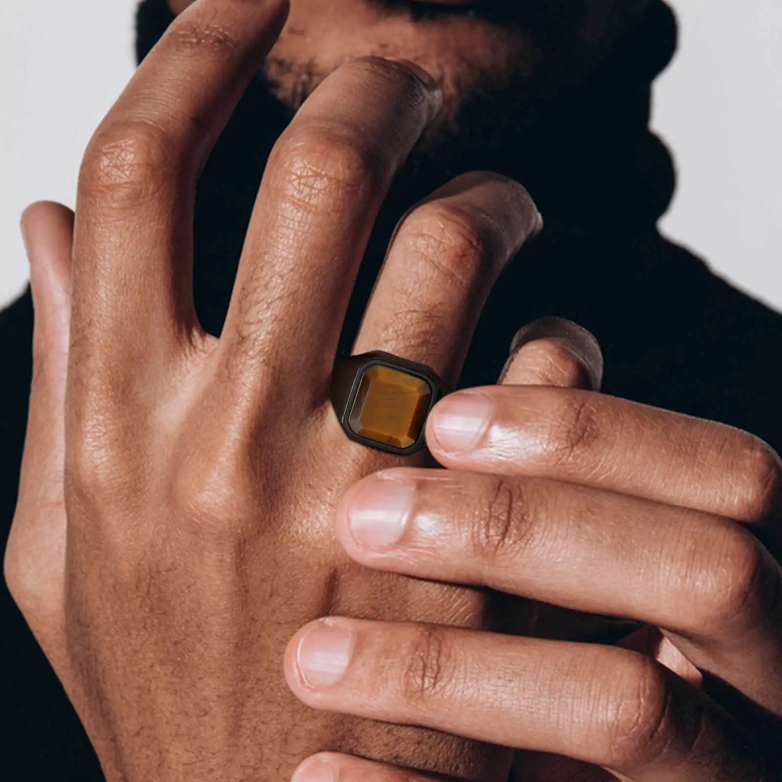 Brown Tiger Eye Stone Ring for Men Boys,Stainless Steel Geometric Square Stone Signet Ring,Causal Jewelry Gift