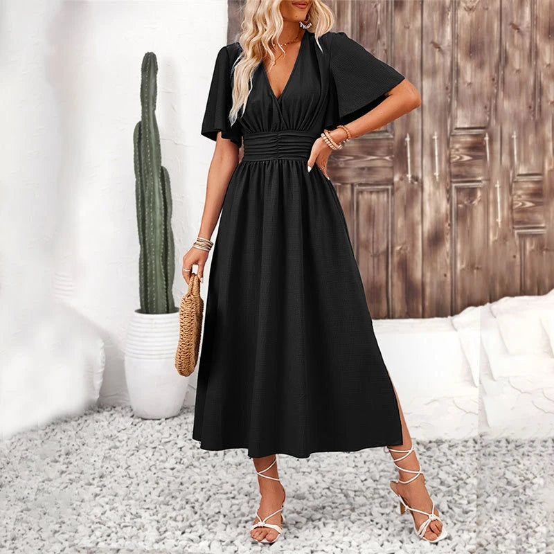 Women V-Neck Ruffled Short Sleeve Dress Elegant Elastic Waist Split Pleated Maxi Vestidos Beach Vocation Female Casual Long Robe
