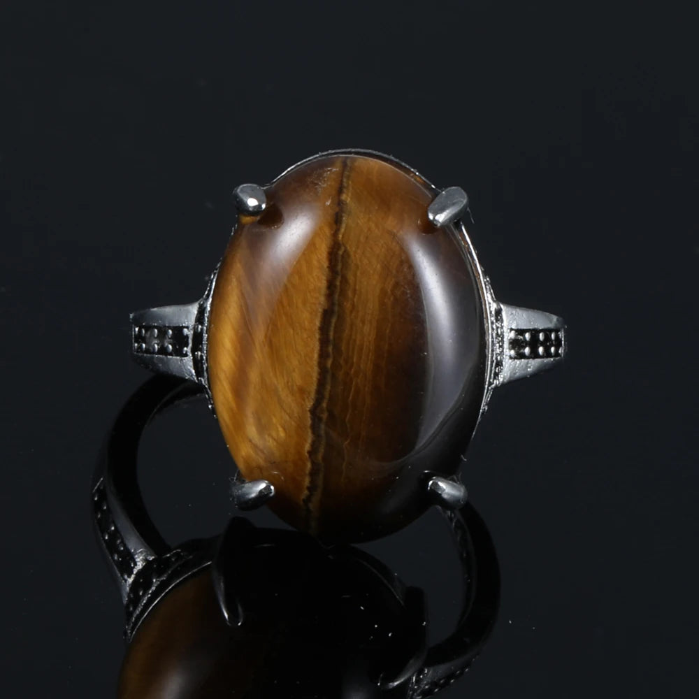 100% natural gemstone tiger-eye Retro style adjustable ring copper-plated silver ring for women men jewelry gift