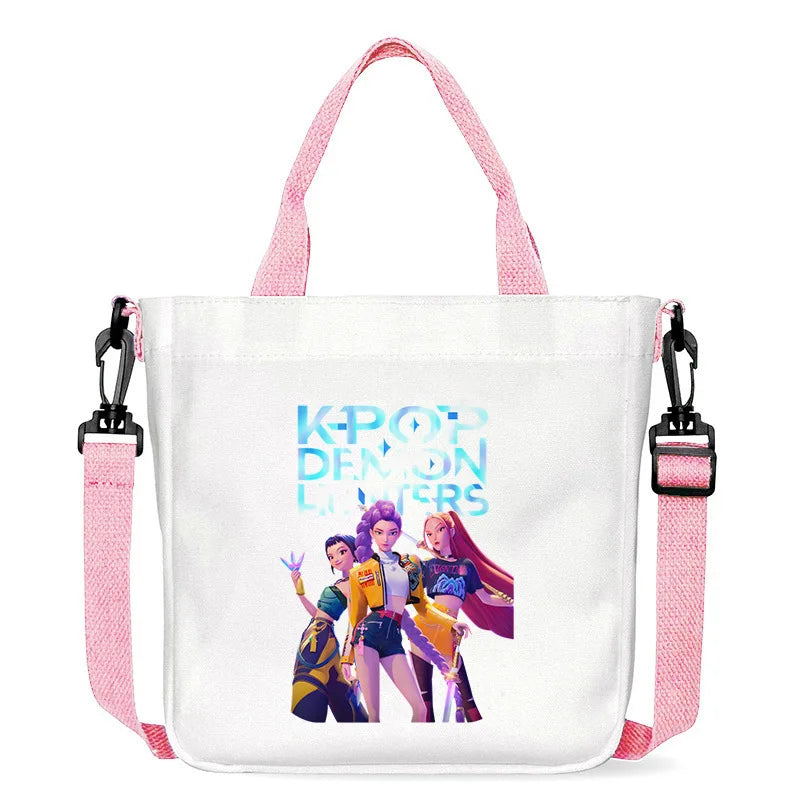 حقيبة قماشية للفتيات بتصميم صيادي أنمي شياطين من كيبوب، حقيبة يد مربعة أرجوانية بسيطة، حقيبة كتف متقاطعة، هدية عيد ميلاد