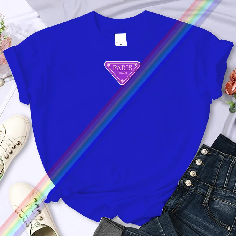 تي شيرت نسائي صيفي عالي الجودة مطبوع عليه باريس من ماركة فاخرة، مصنوع من القطن بنسبة 100%، مقاس كبير، بأكمام شخصية Y2K، ورقبة دائرية