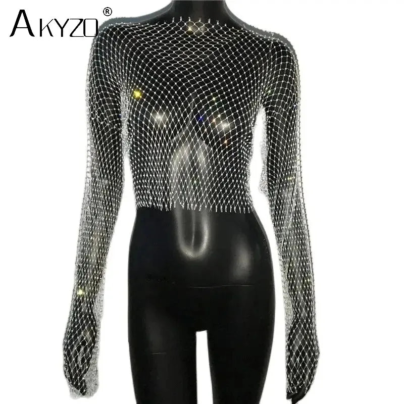 تي شيرت نسائي خريفي مثير شفاف من خلال شبكة صيد السمك مع أحجار الراين اللامعة وشبكة مجوفة بأكمام طويلة وقمصان قصيرة للحفلات الليلية والمهرجانات