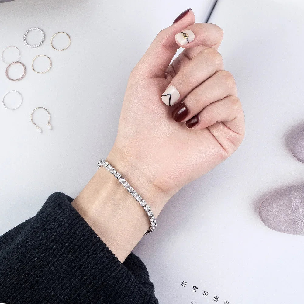 سوار من الفضة الإسترلينية S925 مرصع بالزركونيا وكرة التنس للنساء، مجوهرات بسيطة للخطوبة والزفاف، مقاس 4 مم، 16-20 سم