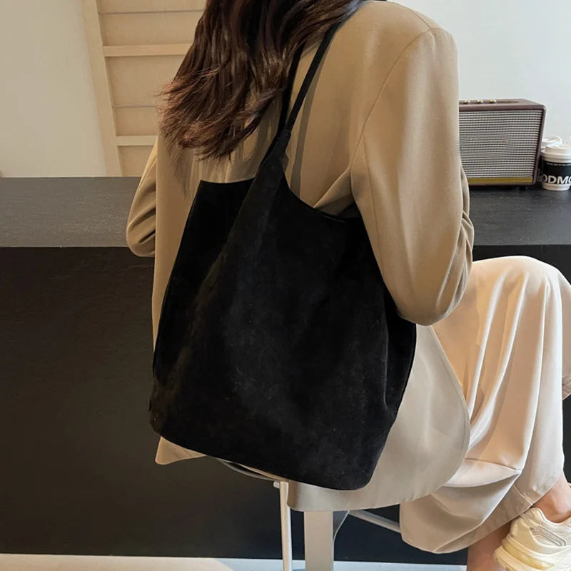 حقيبة توت ريترو من جلد الغزال للنساء، حقيبة كتف كاجوال متينة ومتينة مناسبة للتنقل في الخريف والشتاء، حقائب تسوق كبيرة السعة