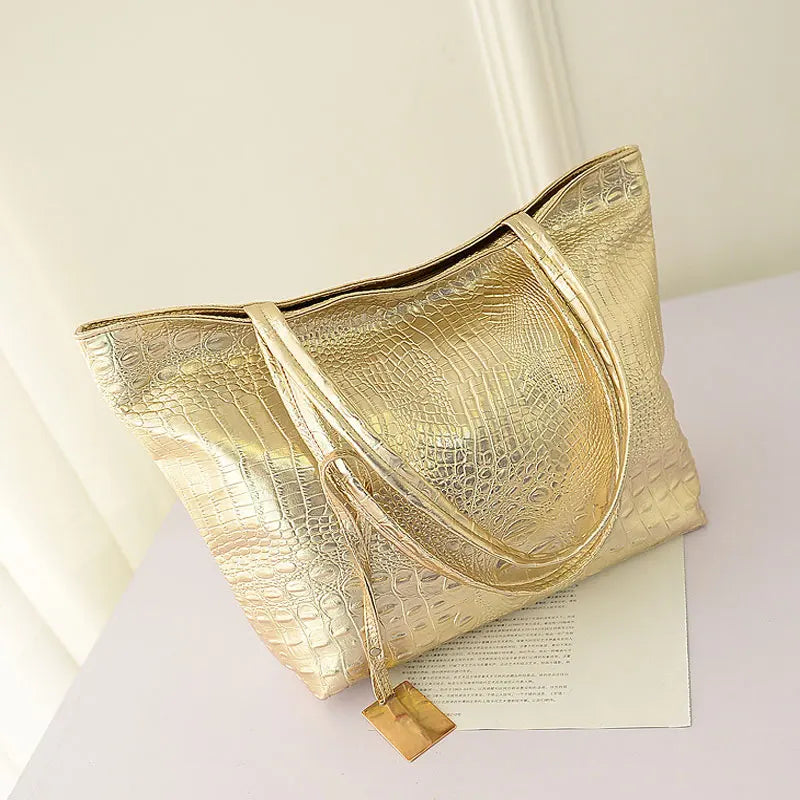 حقائب كتف نسائية عصرية من ماركات عالمية، متوفرة باللون الفضي والذهبي والأسود، مصنوعة من جلد التمساح وجلد البولي يوريثان، حقيبة يد كبيرة للنساء، حقائب يد نسائية