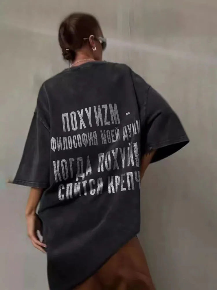 تي شيرت صيفي كبير الحجم كاجوال من الألماس، تي شيرت فضفاض من هاراجوكو، تي شيرت مطبوع عليه حروف للنساء