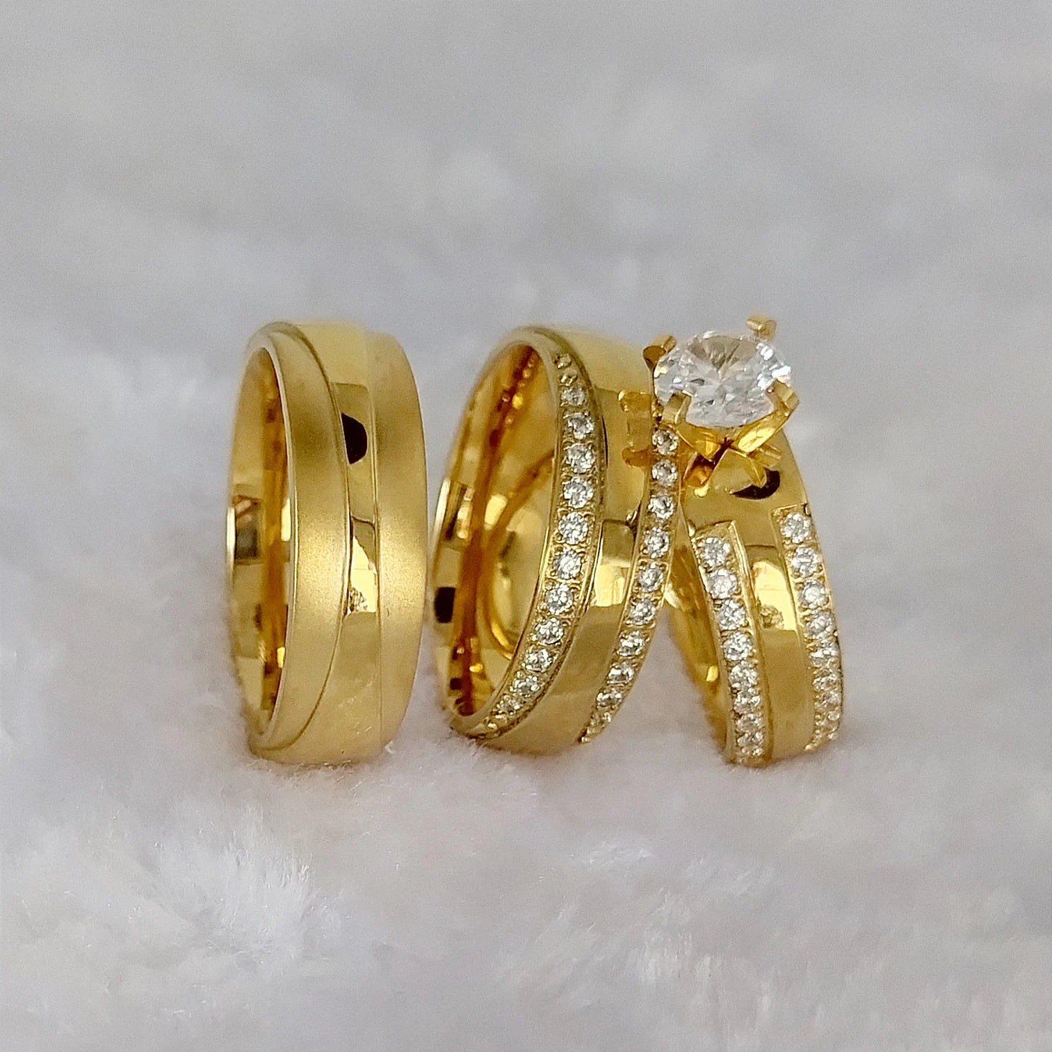 مجموعة خواتم خطوبة وزواج عالية الجودة مكونة من 3 قطع للأزواج مطلية بالذهب عيار 18 قيراطًا ومرصعة بالألماس، خاتم عشاق مجوهرات عصرية
