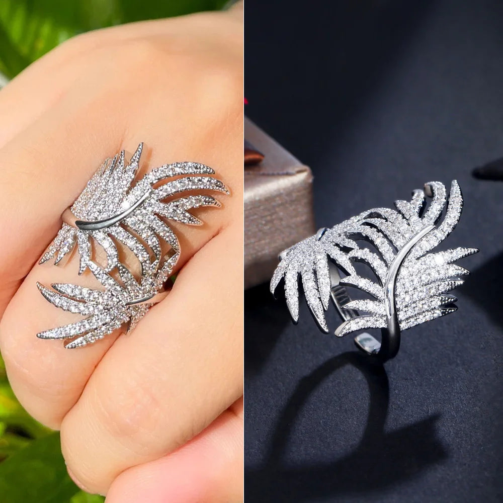 خاتم نسائي كبير مفتوح قابل للتعديل من الزركون المكعب اللامع على شكل ورقة شجر، مطلي بالذهب الأبيض، من CWWZircons، مناسب للحفلات، R215