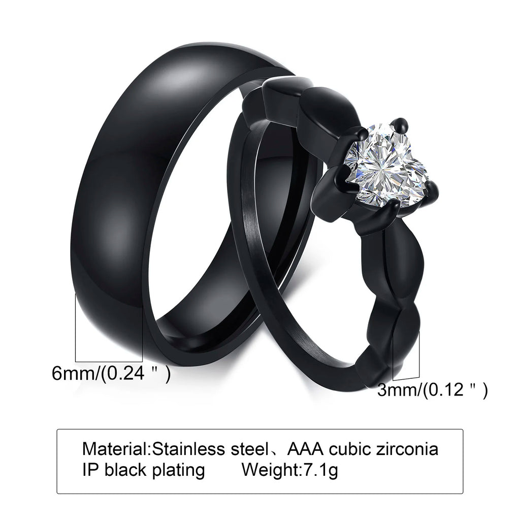 Vnox Romantic Heart CZ Stone Couple Wedding Rings for Women Men, Black Color Stainless Steel Bands Engagement Jewelry, Love Gift