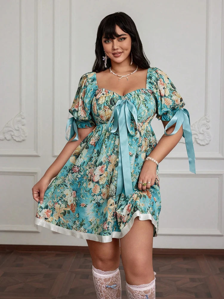 Plus Size Ladies Romantic Teenager Romantic Floral Pattern Short Sleeve Square Neck Dress Elegant Chinese Ladies