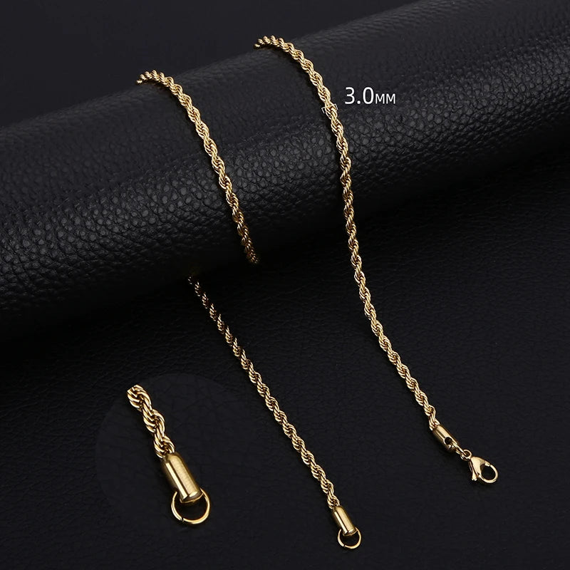 قلادة رجالية طويلة من الفولاذ المقاوم للصدأ بتصميم بسيط وسلسلة ملتوية متوفرة باللون الذهبي والفضي من 2 إلى 5 مم