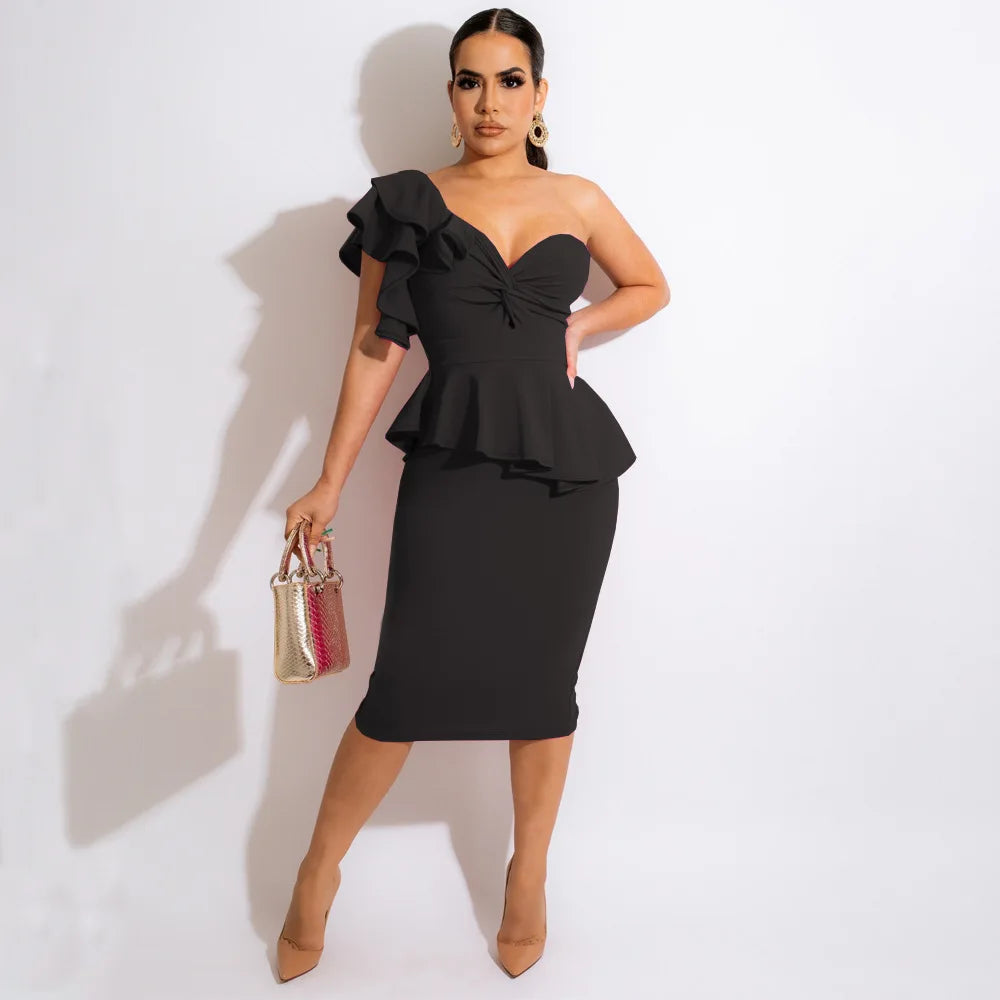 Sexy One Shoulder Design Bodycon Dresses Women Elegant Ruffle Short Sleeve Peplum Slim Slit Dress Fashion Party Office Vestidos