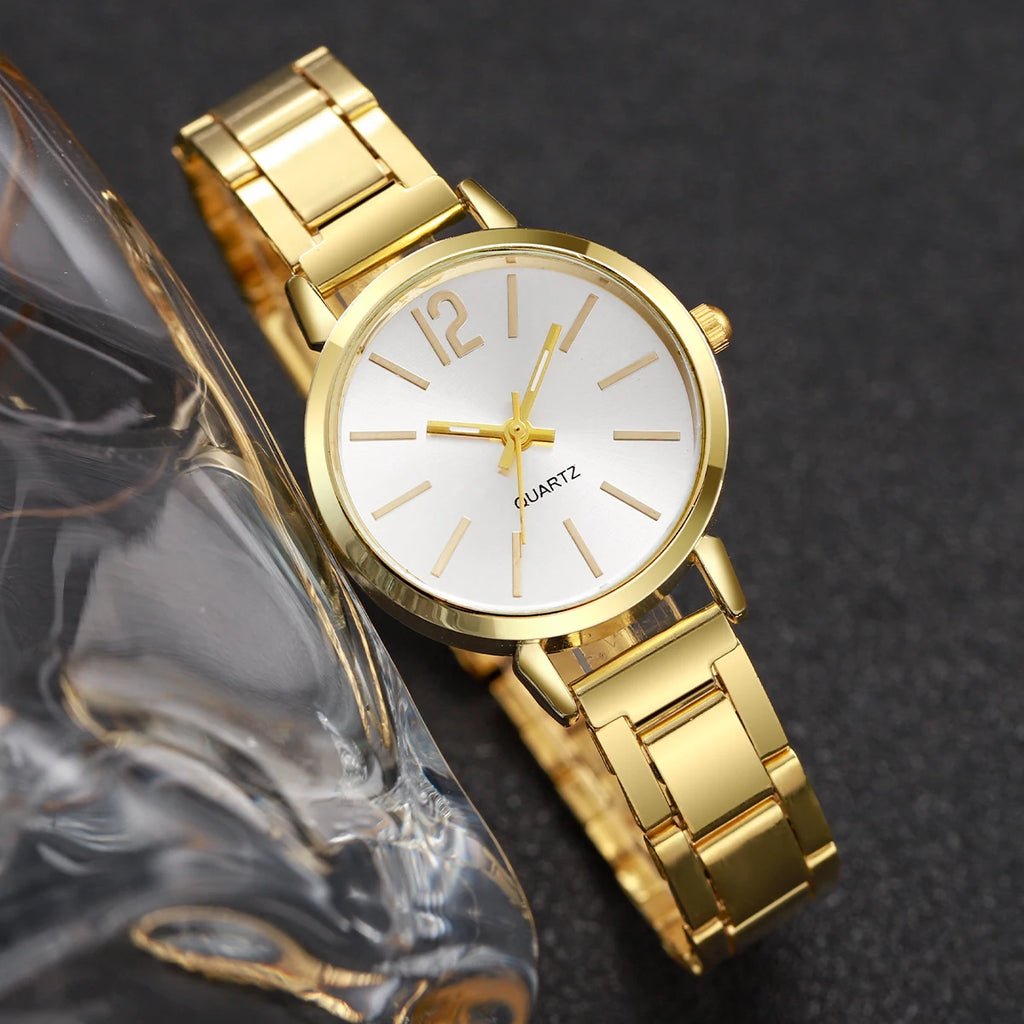 2PCS Women's Watch Fashion Gold Steel Band Quartz Wristwatch Opening Cuff Bracelet Set