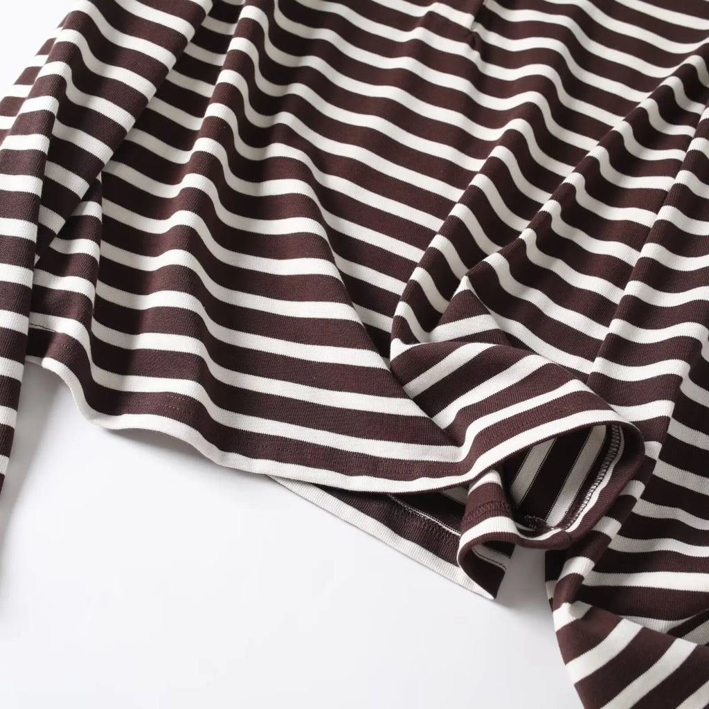 تي شيرت نسائي جديد مخطط بأكمام طويلة بتصميم أوروبي وأمريكي لخريف 2025، تي شيرت نسائي كاجوال بأكمام طويلة