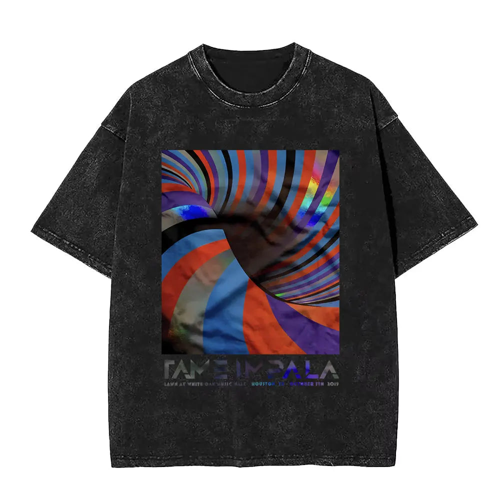 تي شيرت رجالي كاجوال فضفاض بأكمام قصيرة من القطن مطبوع عليه عبارة VintageWashed Pop Rock Band Tames Impala Current Graphic Print