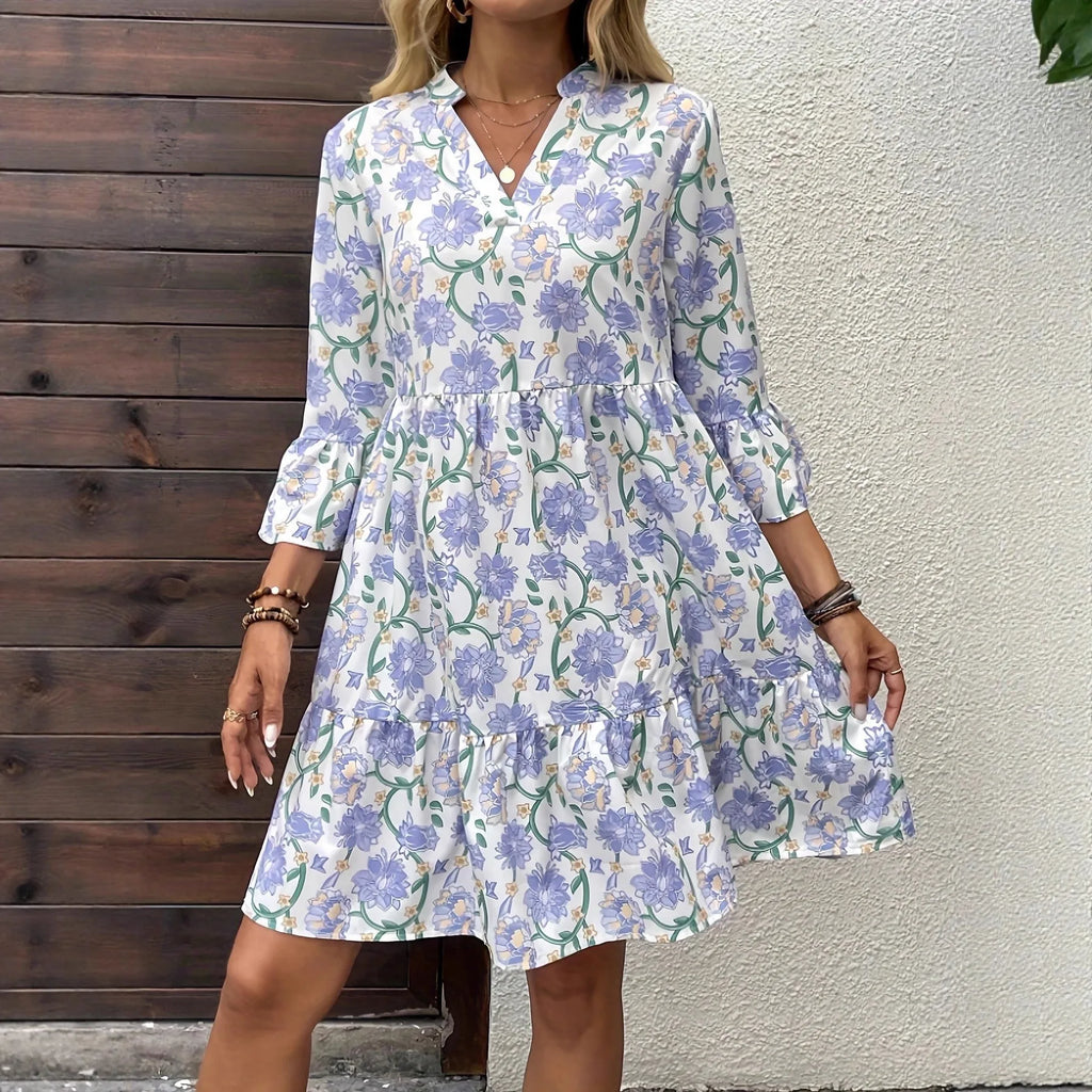Ladies elegant casual floral print V-neck three-quarter bell-sleeved loose dress