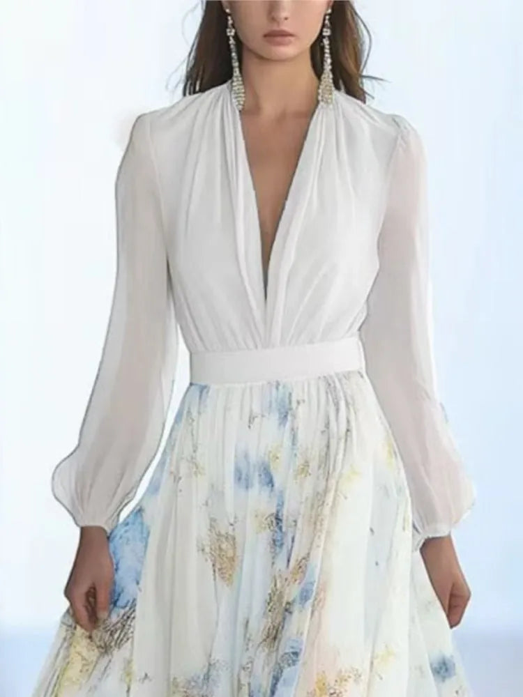 Elegant V-neck Long-sleeved Chiffon Dress Fashion Spring Autumn Powder Sleeve Splicing Flower Printing Casual Dresses Female