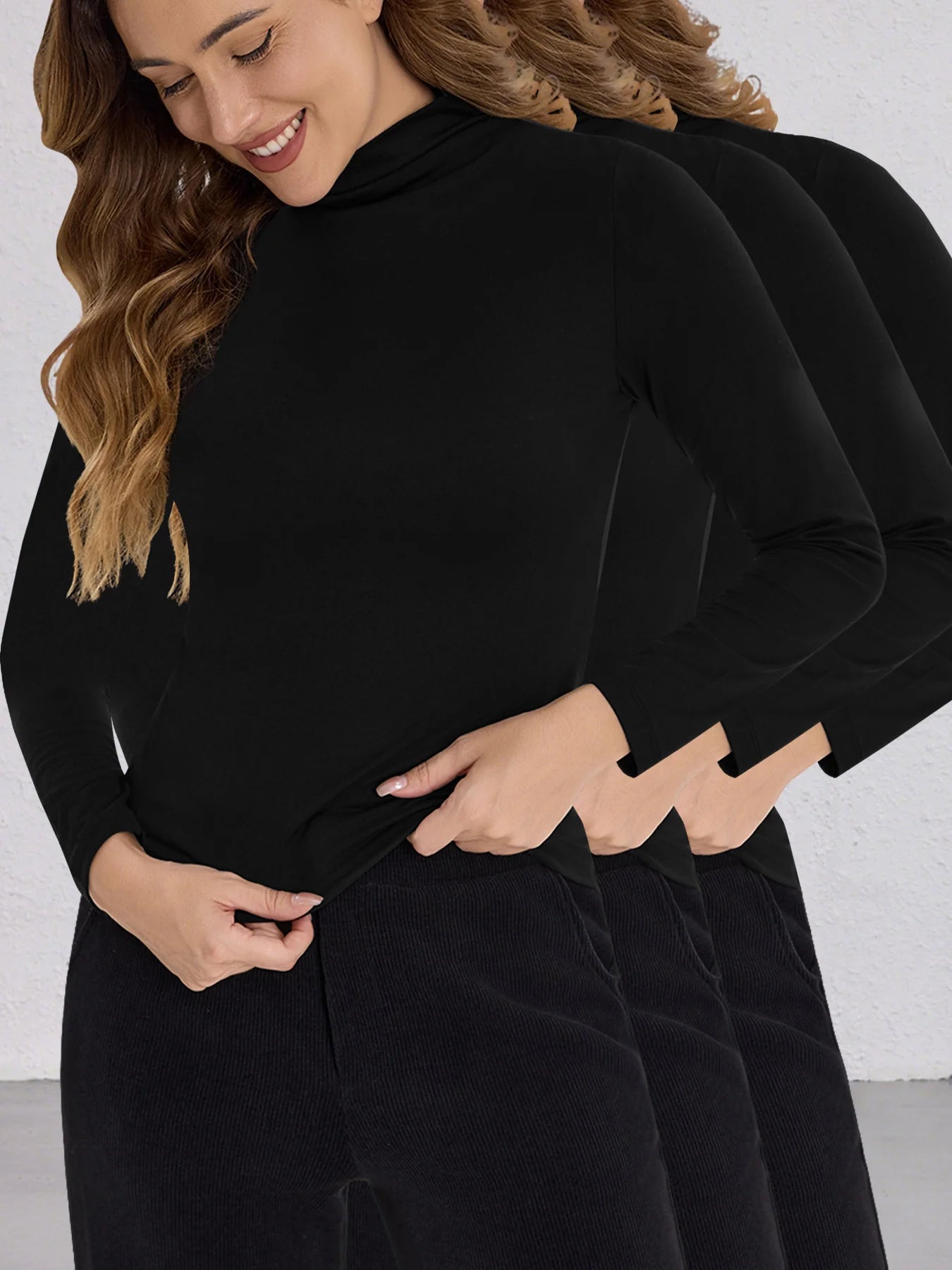 طقم من ٣ قطع ملابس رياضية نسائية بياقة عالية وأكمام طويلة. مريحة للغاية، قابلة للتمدد، لون سادة، كاجوال، مناسبة للتمرين والجري واليوغا.