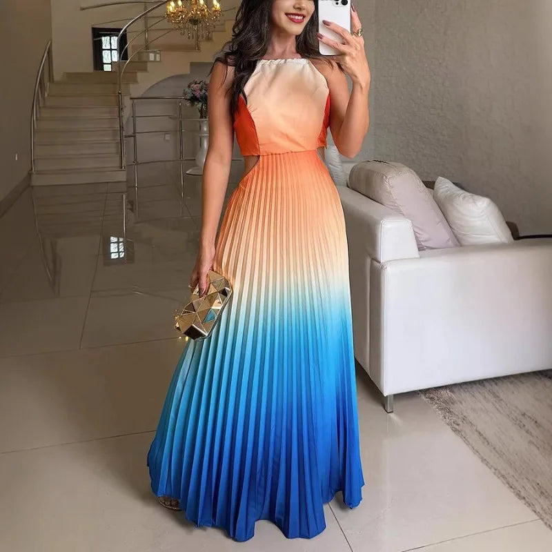 2025 Women Summer Party Dress Elegant Sleeveless Backless Halter Hollow Out Folds Long Dress Ceremoney Birthday Evening Dress
