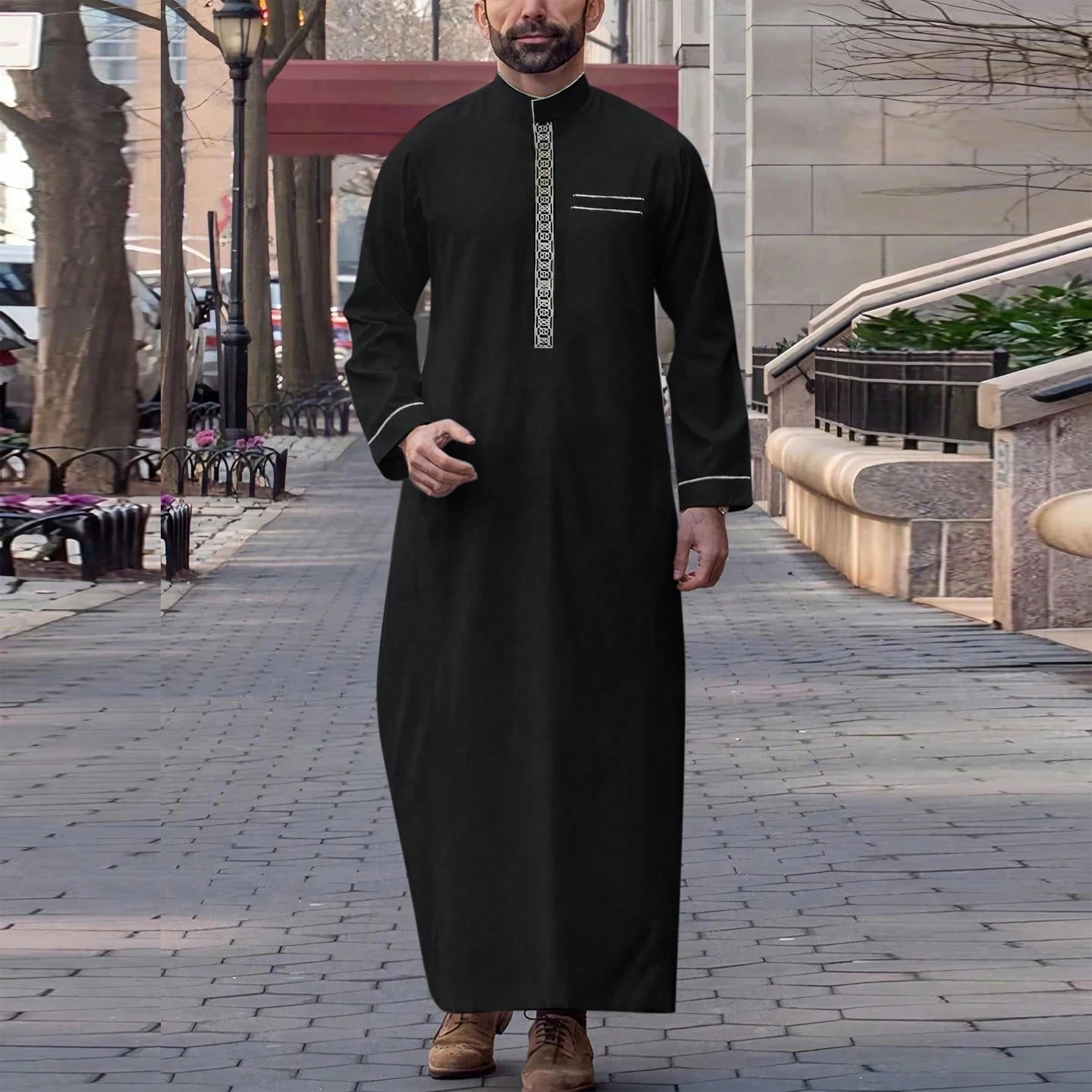 Men's Ethnic Pattern Embroidery Zipper Hooded Robe Traditional Long Sleeve Pocket Jubba Thobe for Daily Wear Man Islamic Thobe